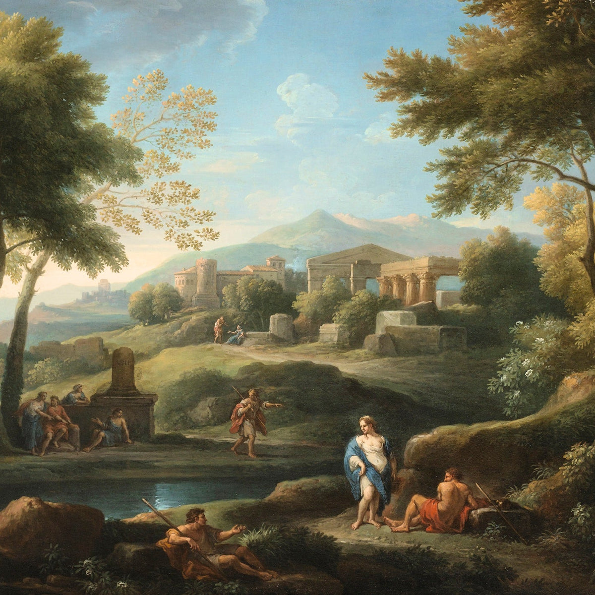 Hand-painted classical ruins by a quiet lake landscape oil painting on canvas