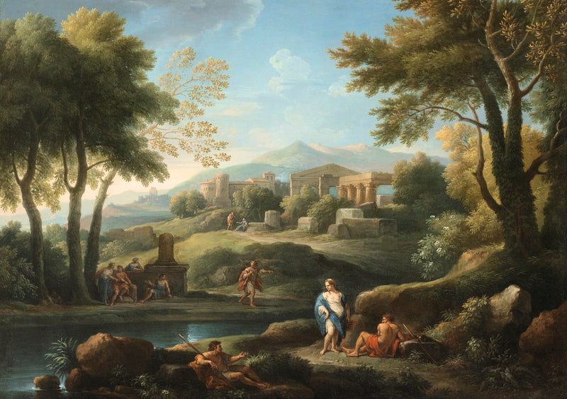Hand-painted classical ruins by a quiet lake landscape oil painting on canvas