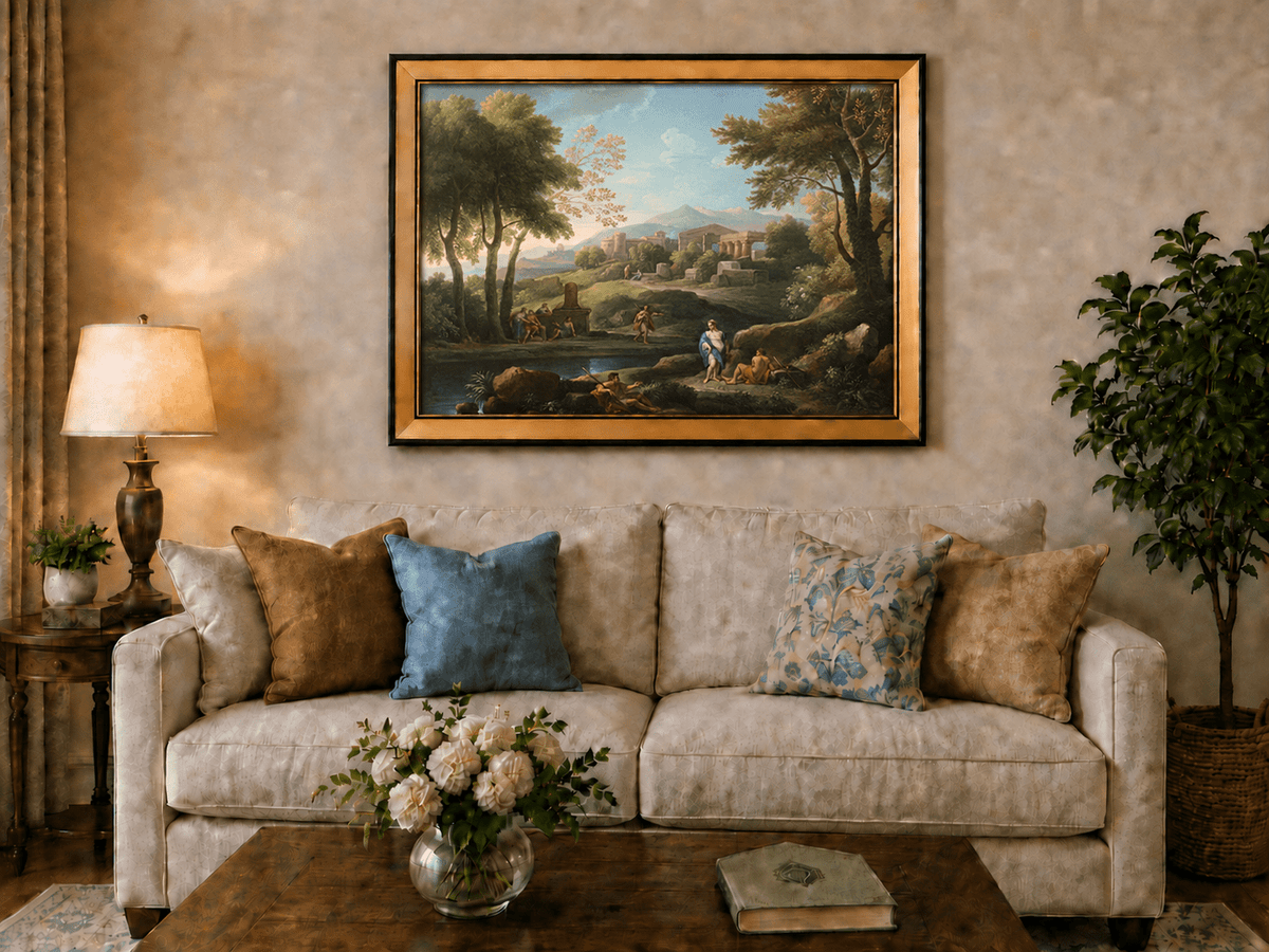 Peinture à l'huile de paysage - Village côtier avec phare et coucher de soleil
