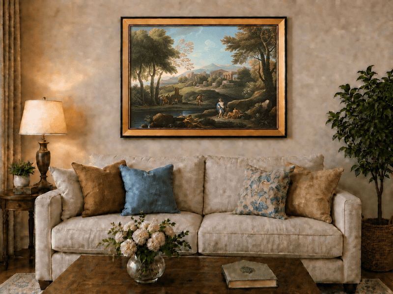 Peinture à l'huile de paysage - Village côtier avec phare et coucher de soleil