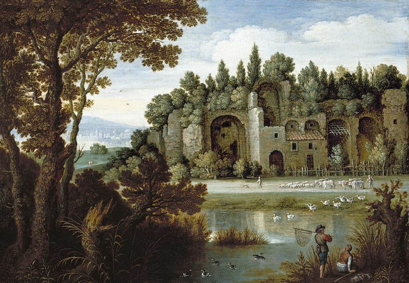 Landscape Oil Painting - Classical Ruins by Pond with Sheep - Oil Painting Haven