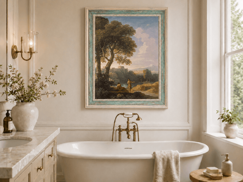 Peinture à l'huile de paysage - Rivière printanière avec pêcheur et arbres