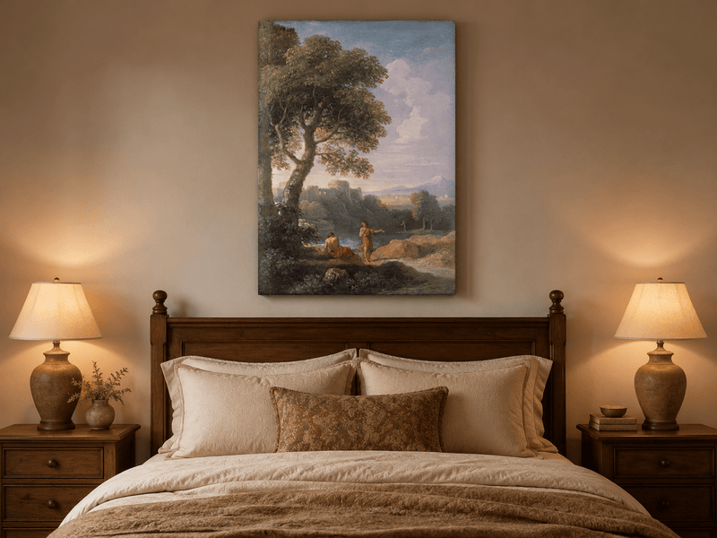 Peinture à l'huile de paysage - Rivière printanière avec pêcheur et arbres