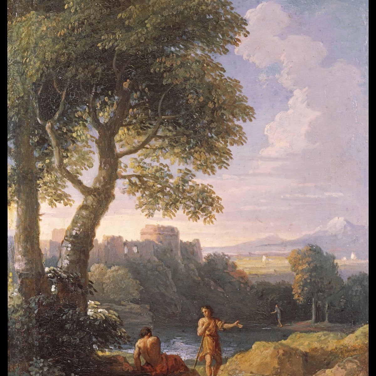 Hand-painted classical ruins by river with figures landscape oil painting on canvas