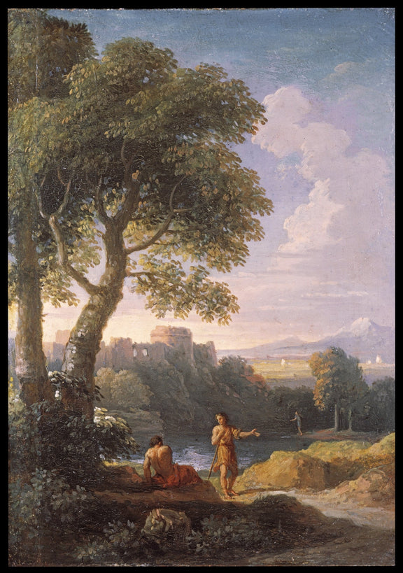Hand-painted classical ruins by river with figures landscape oil painting on canvas