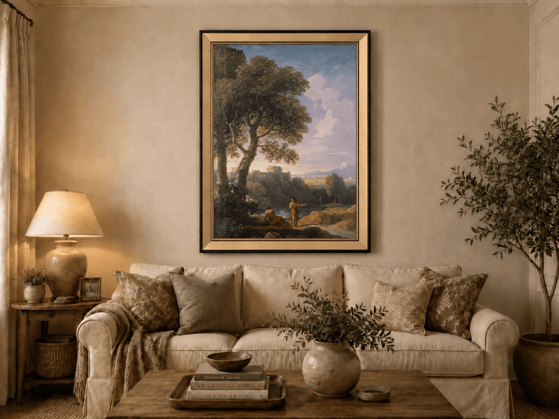 Peinture à l'huile de paysage - Rivière printanière avec pêcheur et arbres