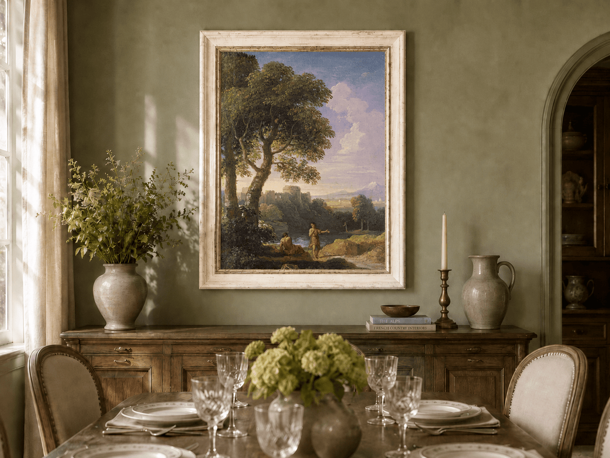 Peinture à l'huile de paysage - Rivière printanière avec pêcheur et arbres