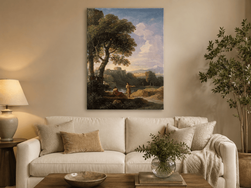 Peinture à l'huile de paysage - Rivière printanière avec pêcheur et arbres