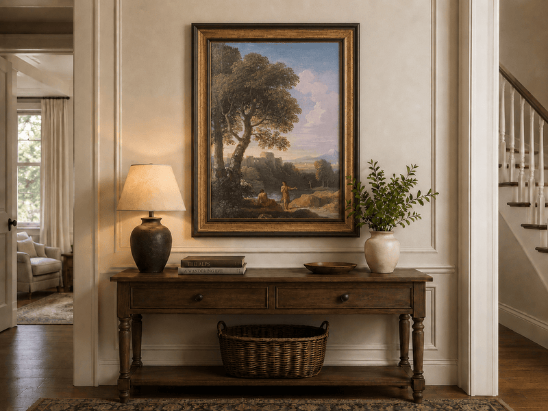 Peinture à l'huile de paysage - Rivière printanière avec pêcheur et arbres