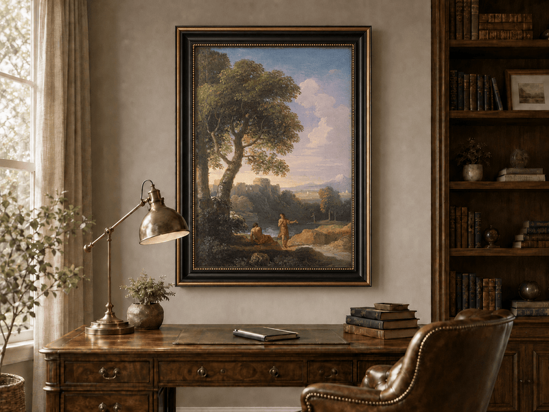 Peinture à l'huile de paysage - Rivière printanière avec pêcheur et arbres