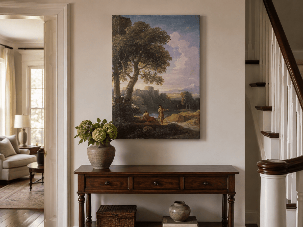 Peinture à l'huile de paysage - Rivière printanière avec pêcheur et arbres