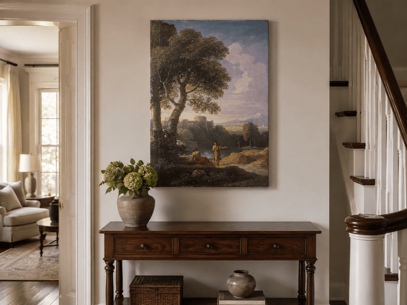 Peinture à l'huile de paysage - Rivière printanière avec pêcheur et arbres
