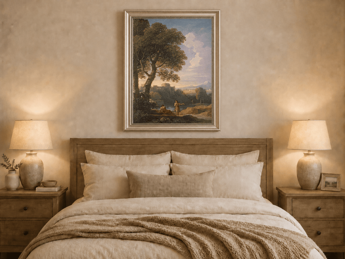 Peinture à l'huile de paysage - Rivière printanière avec pêcheur et arbres