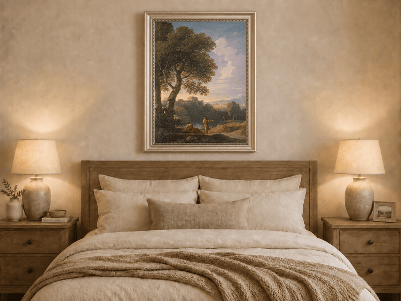 Peinture à l'huile de paysage - Rivière printanière avec pêcheur et arbres
