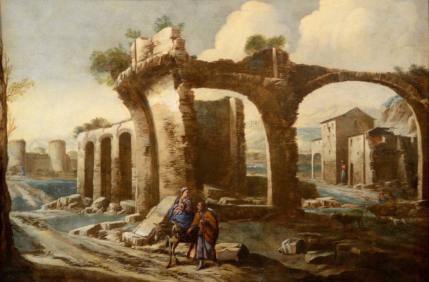 Hand-painted classical ruins with arched stone bridge landscape oil painting on canvas