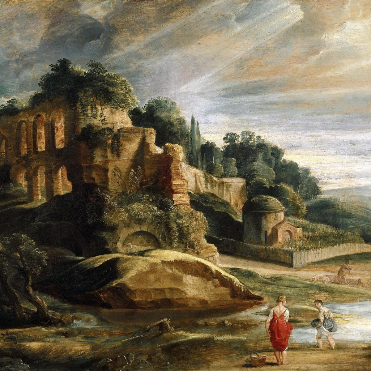 Peinture à l'huile de paysage - Scène de rivière hivernale avec personnages et chevaux