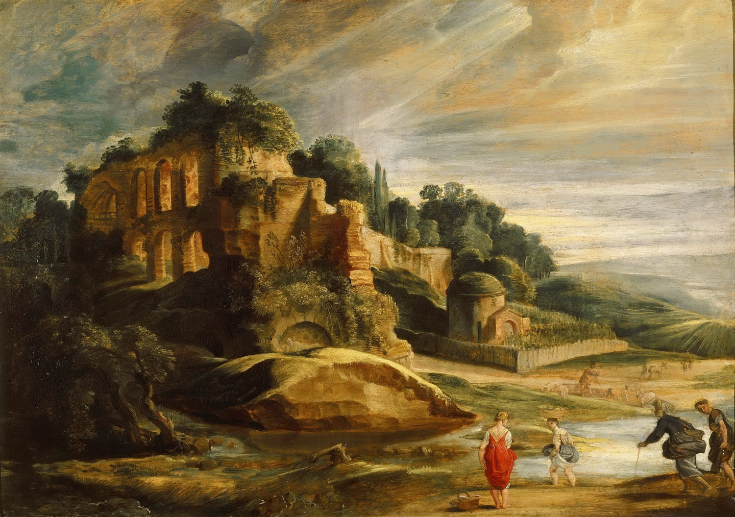 Landscape oil painting depicting classical ruins beside a river with figures, textured brushwork on oil on canvas. - Add Frame, Architecture, Canvas, Figure, Hand Painted, Landscape, Made To Order, Oil Painting, River