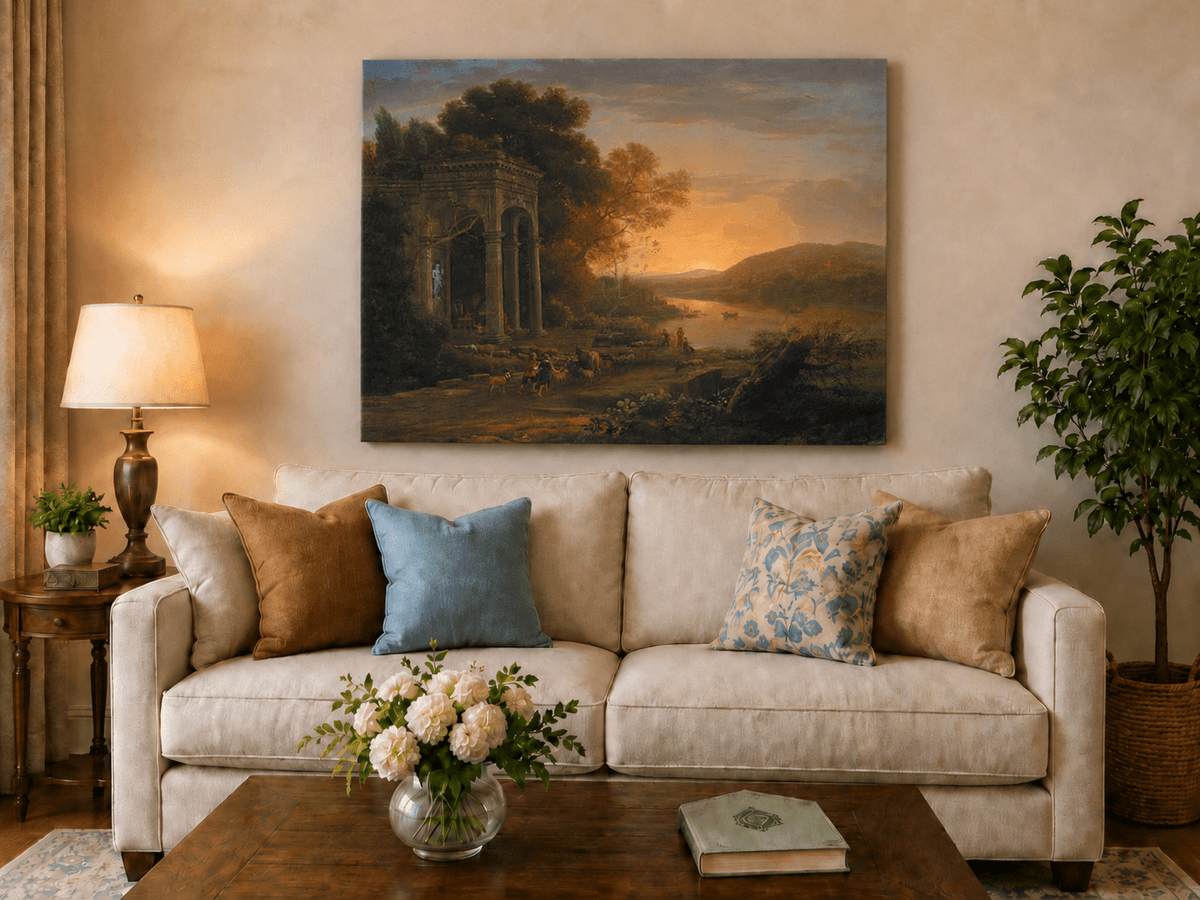 Landscape Oil Painting - Classical Sunset River with Temple