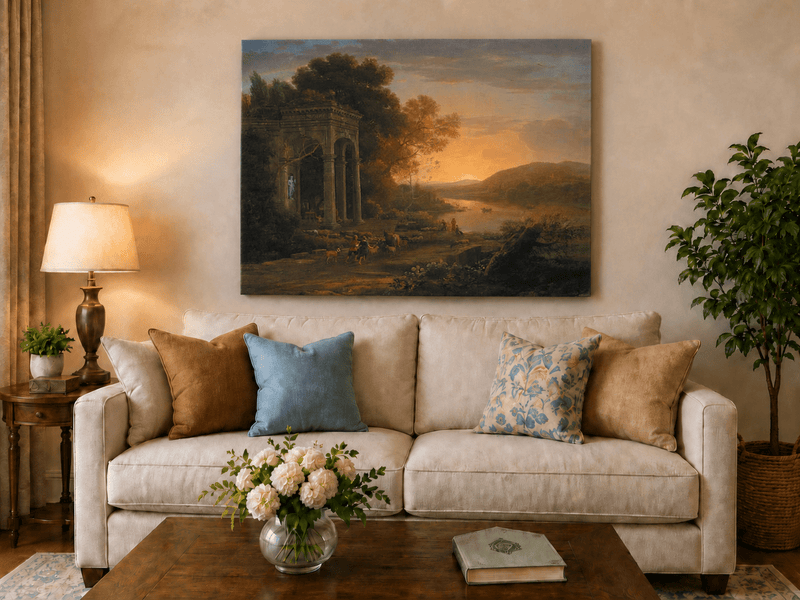 Landscape Oil Painting - Classical Sunset River with Temple