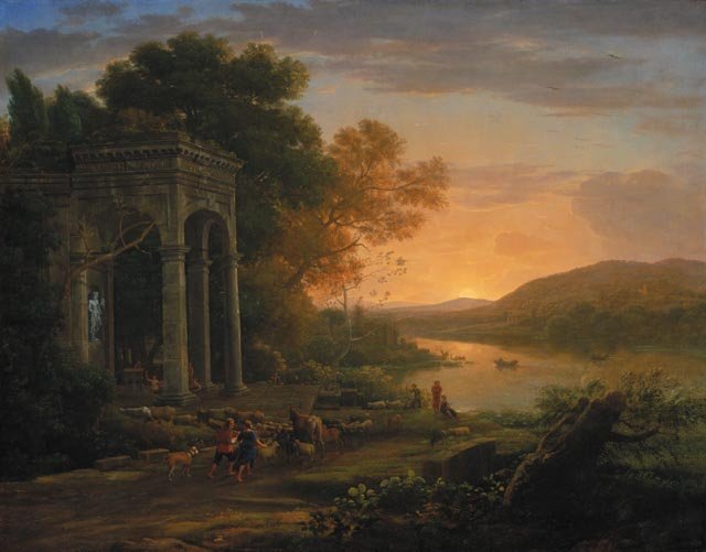 Landscape Oil Painting - Classical Sunset River with Temple - Oil Painting Haven