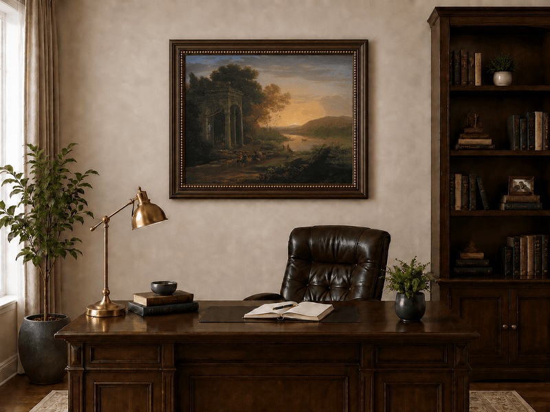 Landscape Oil Painting - Classical Sunset River with Temple