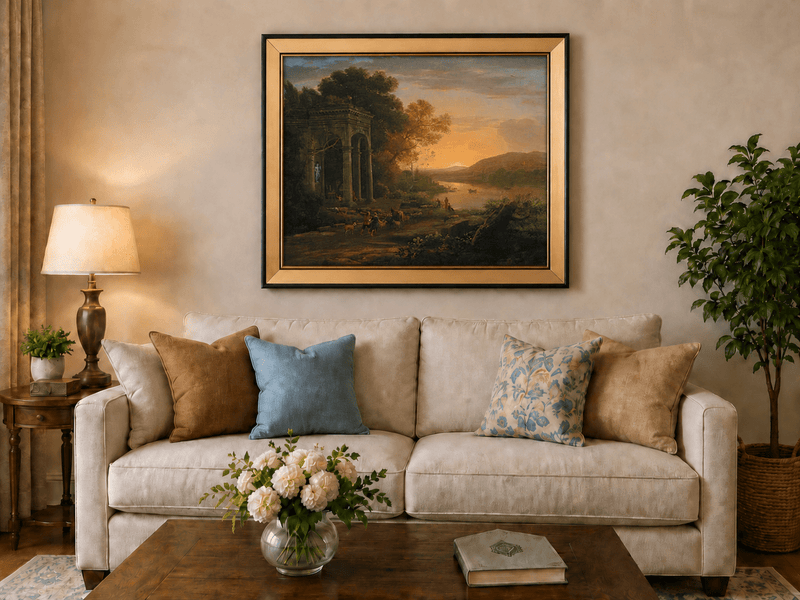 Landscape Oil Painting - Classical Sunset River with Temple