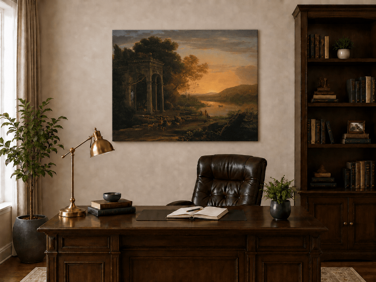 Landscape Oil Painting - Classical Sunset River with Temple