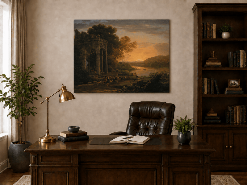 Landscape Oil Painting - Classical Sunset River with Temple