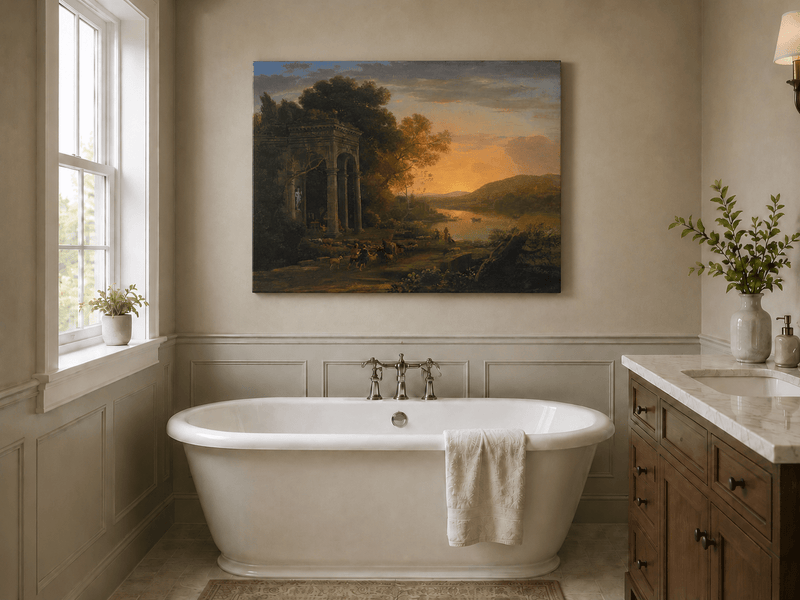 Landscape Oil Painting - Classical Sunset River with Temple