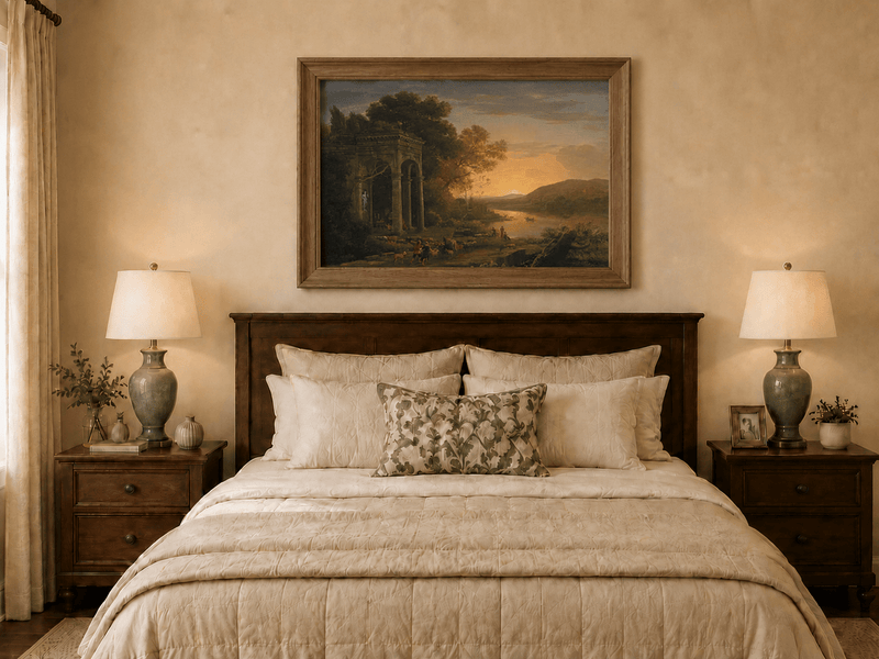 Landscape Oil Painting - Classical Sunset River with Temple