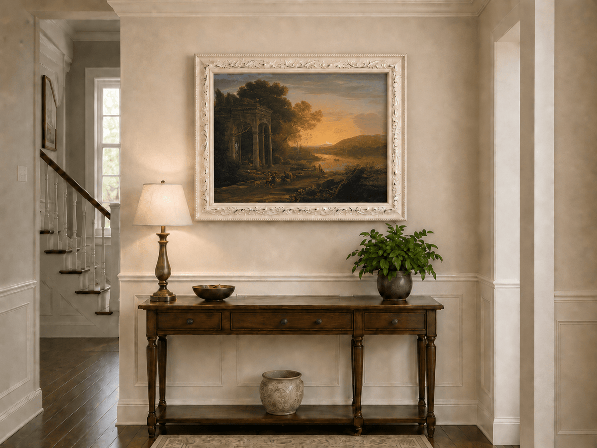 Landscape Oil Painting - Classical Sunset River with Temple