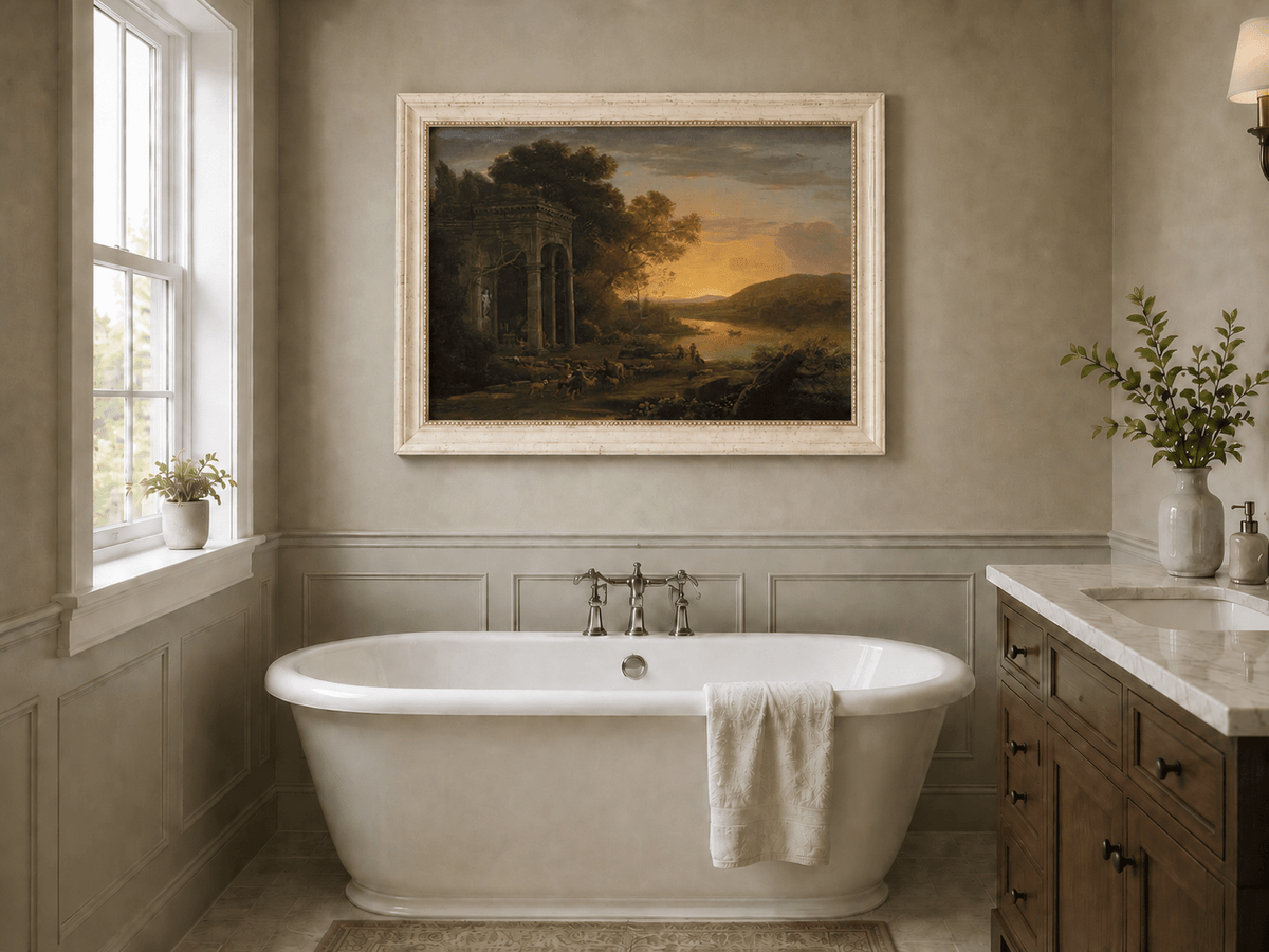 Landscape Oil Painting - Classical Sunset River with Temple