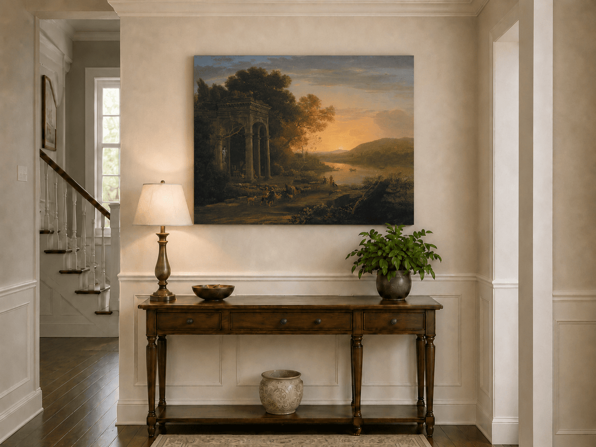 Landscape Oil Painting - Classical Sunset River with Temple