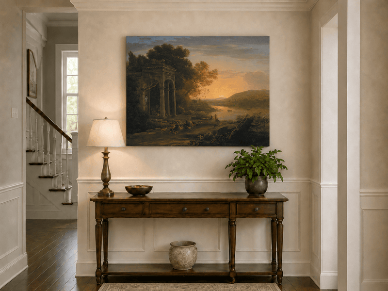 Landscape Oil Painting - Classical Sunset River with Temple