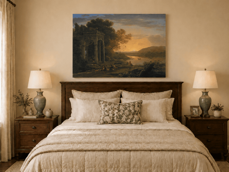 Landscape Oil Painting - Classical Sunset River with Temple