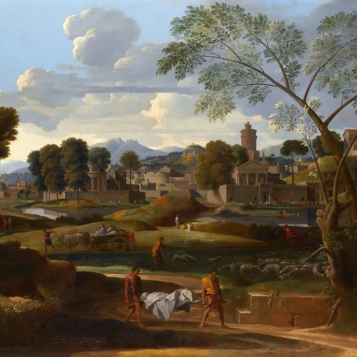 Landscape Oil Painting - Classical Town with Figures and Rural Elements - Oil Painting Haven