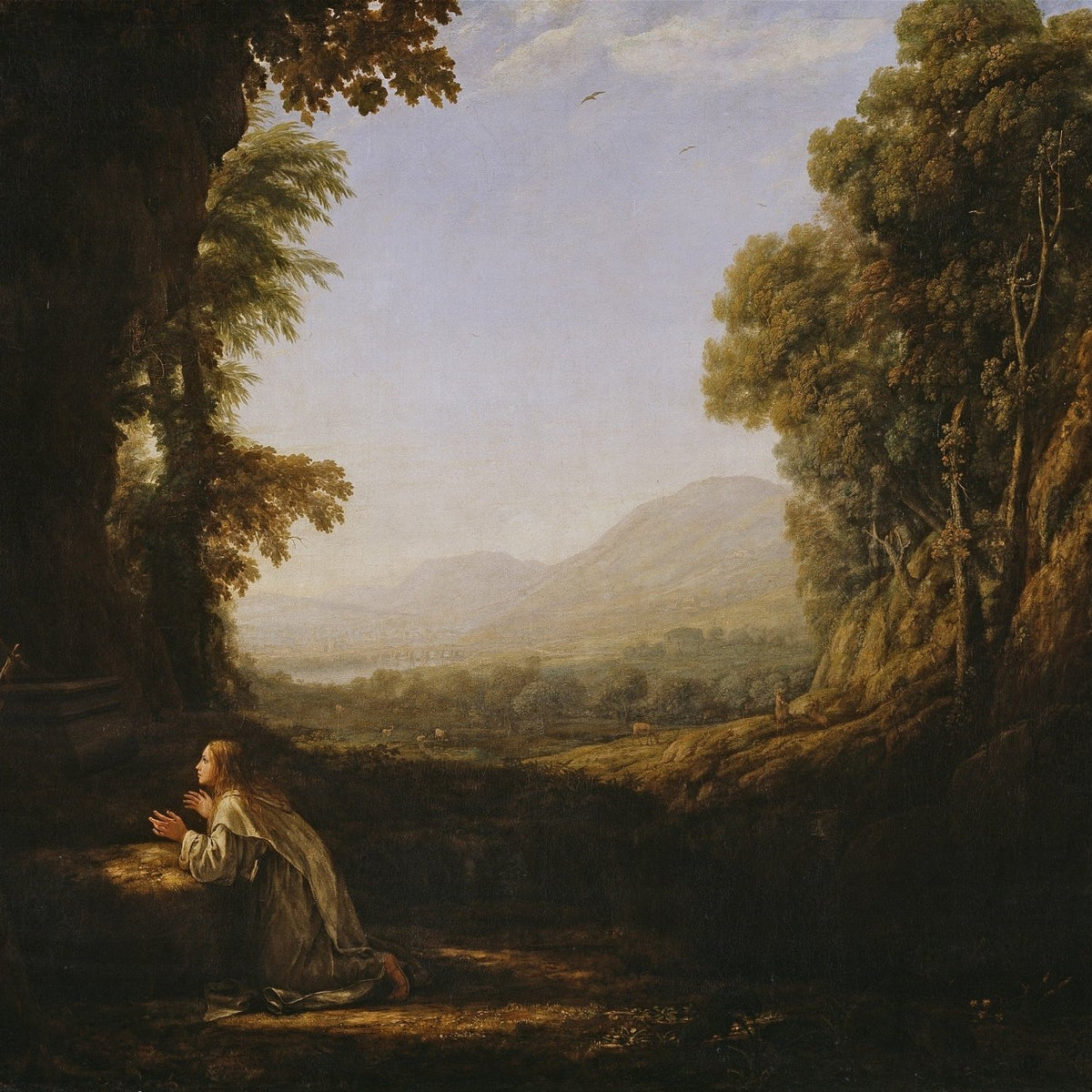 Classical valley landscape oil painting with figure by river, textured brushwork on canvas, hand painted oil painting. - Add Frame, Canvas, Figure, Hand Painted, Landscape, Made To Order, Mountain, Oil Painting