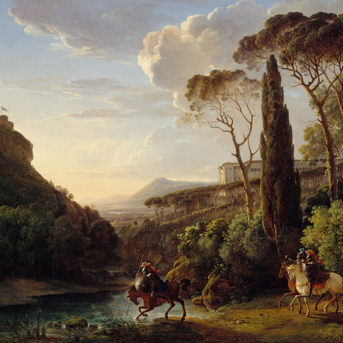 Landscape Oil Painting - Classical Valley with Riders and Castle - Oil Painting Haven
