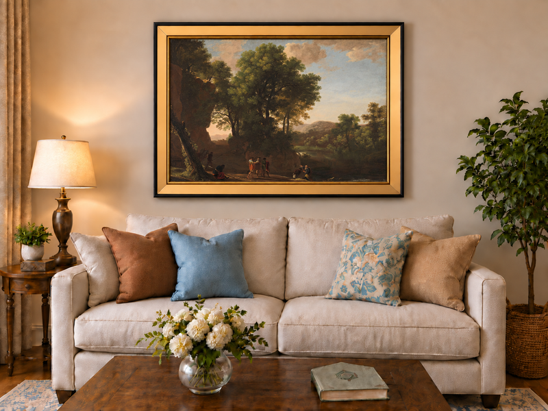 Hand-painted Classical Woodland Scene with Figures landscape oil painting displayed as wall art in a styled interior