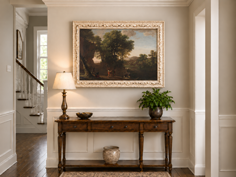 Hand-painted Classical Woodland Scene with Figures landscape oil painting displayed as wall art in a styled interior