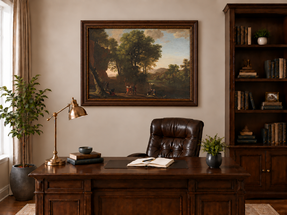 Hand-painted Classical Woodland Scene with Figures landscape oil painting displayed as wall art in a styled interior