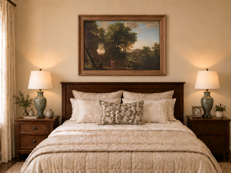 Hand-painted Classical Woodland Scene with Figures landscape oil painting displayed as wall art in a styled interior