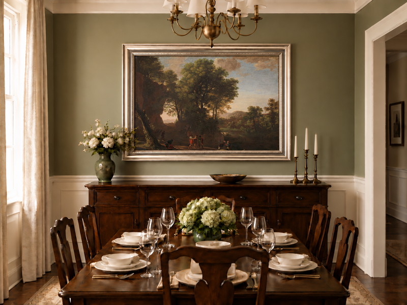 Hand-painted Classical Woodland Scene with Figures landscape oil painting displayed as wall art in a styled interior