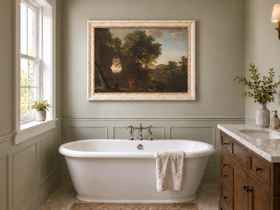 Hand-painted Classical Woodland Scene with Figures landscape oil painting displayed as wall art in a styled interior