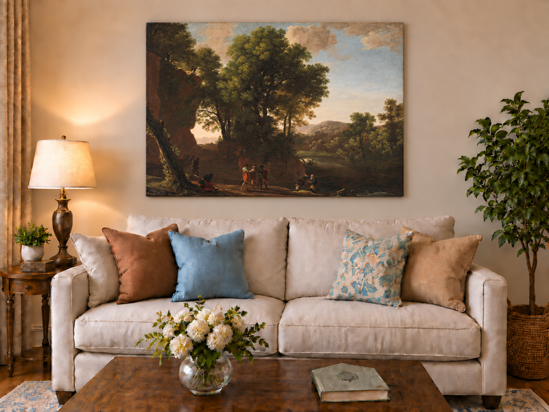 Hand-painted Classical Woodland Scene with Figures landscape oil painting displayed as wall art in a styled interior