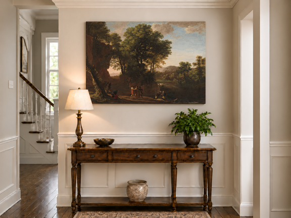 Hand-painted Classical Woodland Scene with Figures landscape oil painting displayed as wall art in a styled interior