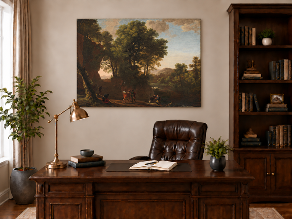 Hand-painted Classical Woodland Scene with Figures landscape oil painting displayed as wall art in a styled interior