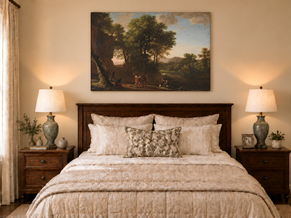 Hand-painted Classical Woodland Scene with Figures landscape oil painting displayed as wall art in a styled interior