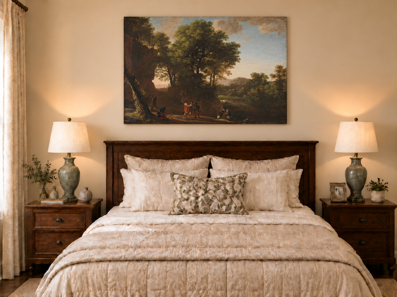 Hand-painted Classical Woodland Scene with Figures landscape oil painting displayed as wall art in a styled interior