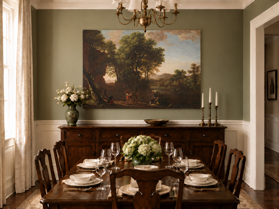 Hand-painted Classical Woodland Scene with Figures landscape oil painting displayed as wall art in a styled interior